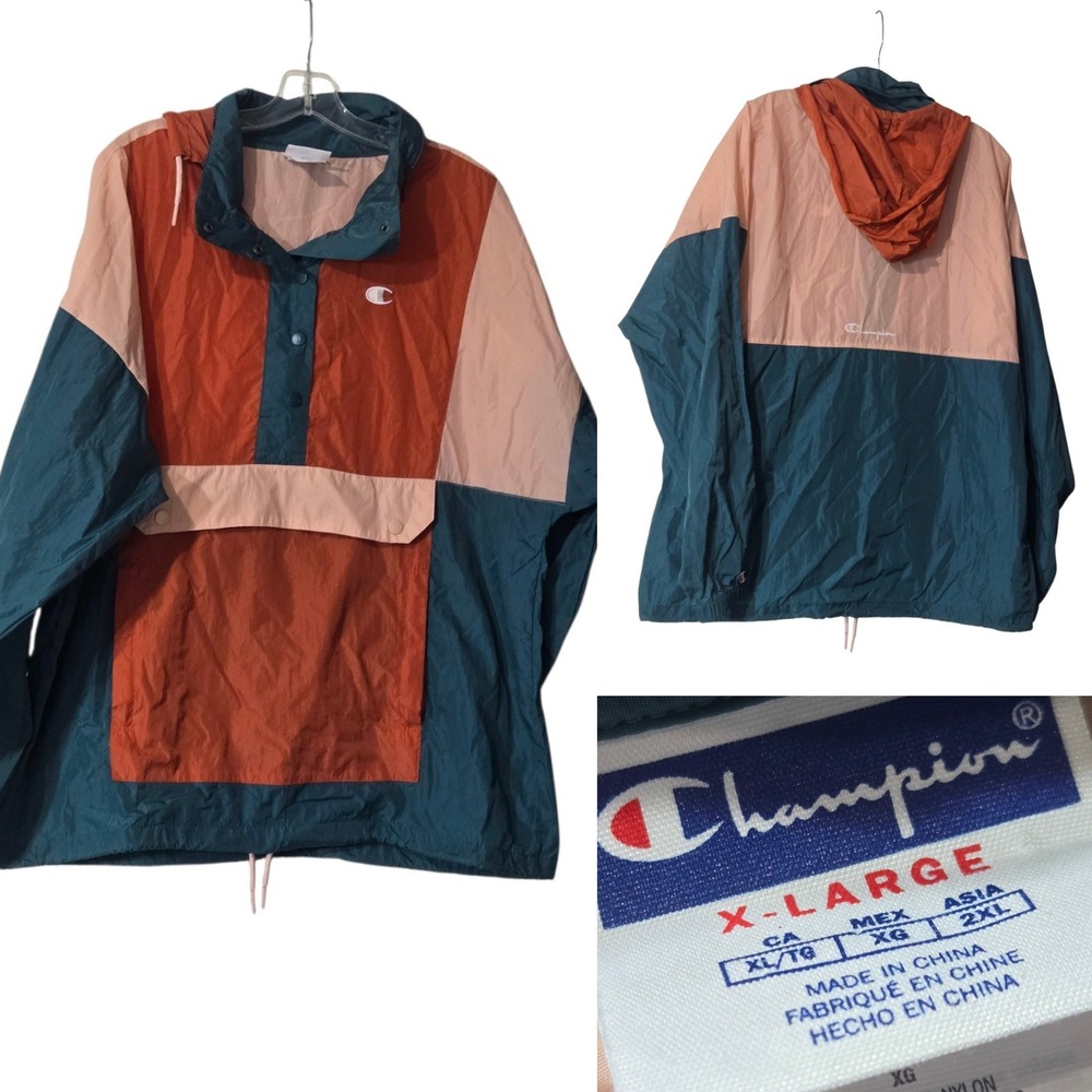 Champion Colorblock Packable Anorak Windbreaker Jacket Teal Orange XL JL7287
